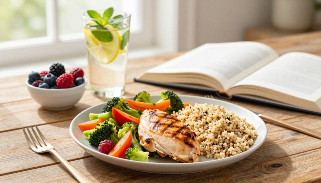 A visually appealing kitchen scene showcasing a balanced meal for an insulin sensitivity diet. In the foreground, a beautifully arranged plate features grilled chicken, a colorful medley of steamed vegetables, and a portion of quinoa, all presented on a rustic wooden table. In the middle ground, a glass of infused water with lemon and mint sits alongside a small bowl of mixed berries, symbolizing healthy snacks. The background features bright, natural light streaming in through a window, illuminating a cookbook open to a page on healthy meal planning. The atmosphere is warm and inviting, reflecting a focus on health and wellness. The image captures a harmonious blend of nutrition and lifestyle, perfect for illustrating dietary choices that enhance insulin sensitivity. A visually appealing kitchen scene showcasing a balanced meal for an insulin sensitivity diet. In the foreground, a beautifully arranged plate features grilled chicken, a colorful medley of steamed vegetables, and a portion of quinoa, all presented on a rustic wooden table. In the middle ground, a glass of infused water with lemon and mint sits alongside a small bowl of mixed berries, symbolizing healthy snacks. The background features bright, natural light streaming in through a window, illuminating a cookbook open to a page on healthy meal planning. The atmosphere is warm and inviting, reflecting a focus on health and wellness. The image captures a harmonious blend of nutrition and lifestyle, perfect for illustrating dietary choices that enhance insulin sensitivity.