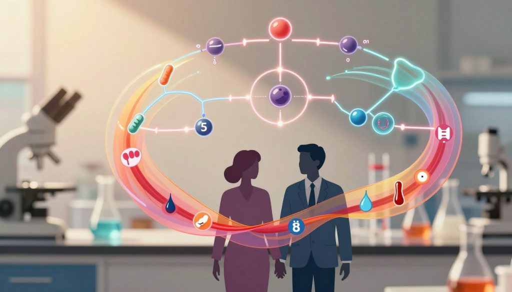 A visually engaging representation of hormone regulation in relation to metabolism. In the foreground, include a pair of stylized human silhouettes, portrayed in professional attire, showing various hormonal symbols like insulin, cortisol, and leptin in a vibrant, flowing pattern around them. The middle layer should feature interconnected biochemical pathways illustrated with glowing lines and curve-like shapes, symbolizing the complexity of hormone interactions. The background should depict a serene laboratory setting with warm, soft lighting, creating an atmosphere of scientific discovery. Utilize a close-up perspective to emphasize the detail and dynamics of the hormonal processes, invoking a sense of intrigue and enlightenment about metabolic health. A visually engaging representation of hormone regulation in relation to metabolism. In the foreground, include a pair of stylized human silhouettes, portrayed in professional attire, showing various hormonal symbols like insulin, cortisol, and leptin in a vibrant, flowing pattern around them. The middle layer should feature interconnected biochemical pathways illustrated with glowing lines and curve-like shapes, symbolizing the complexity of hormone interactions. The background should depict a serene laboratory setting with warm, soft lighting, creating an atmosphere of scientific discovery. Utilize a close-up perspective to emphasize the detail and dynamics of the hormonal processes, invoking a sense of intrigue and enlightenment about metabolic health.